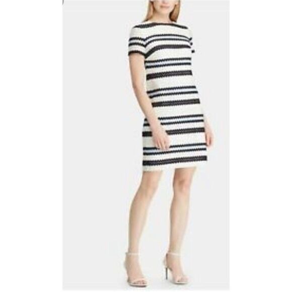 LAUREN Ralph Lauren Women Blue & White Striped Zigzag Pattern Crochet Shift Dres - Picture 1 of 9